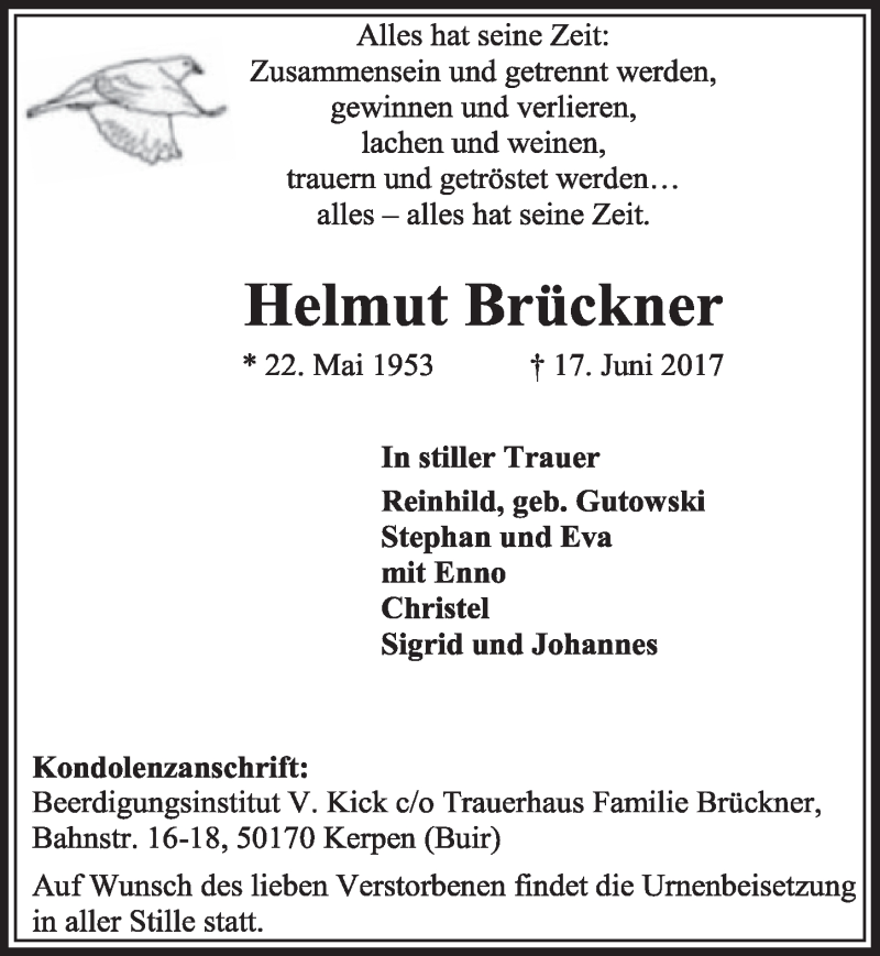  Traueranzeige für Helmut Brückner vom 24.06.2017 aus  Sonntags-Post 