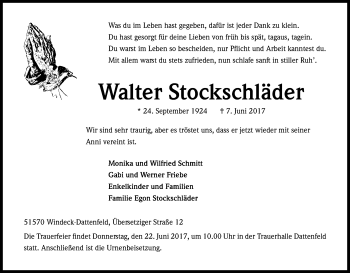 Anzeige von Walter Stockschläder von Kölner Stadt-Anzeiger / Kölnische Rundschau / Express