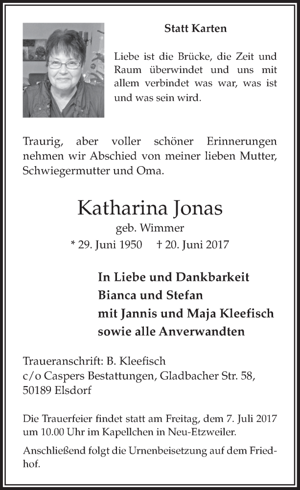  Traueranzeige für Katharina Jonas vom 01.07.2017 aus  Sonntags-Post 