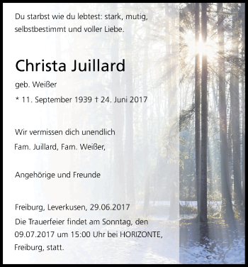Anzeige von Christa Juillard von Kölner Stadt-Anzeiger / Kölnische Rundschau / Express