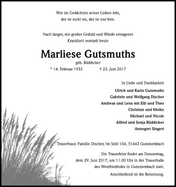 Anzeige von Marliese Gutsmuths von Kölner Stadt-Anzeiger / Kölnische Rundschau / Express