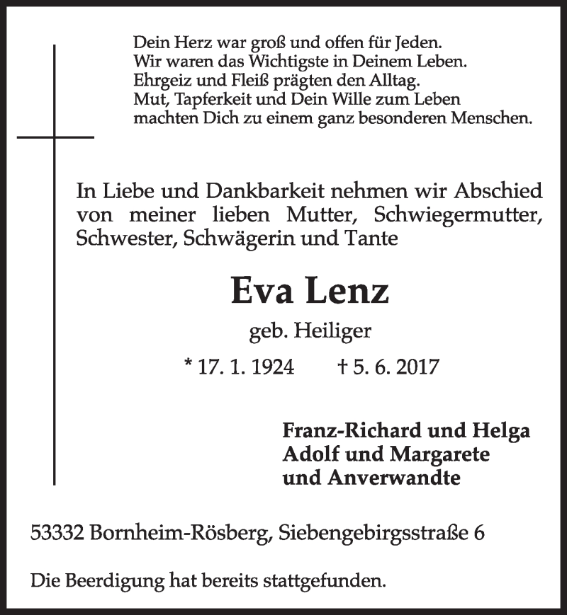  Traueranzeige für Eva Lenz vom 14.06.2017 aus  Schlossbote/Werbekurier 