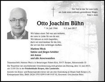 Anzeige von Otto Joachim Bühn von Kölner Stadt-Anzeiger / Kölnische Rundschau / Express
