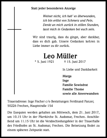 Anzeige von Leo Müller von Kölner Stadt-Anzeiger / Kölnische Rundschau / Express