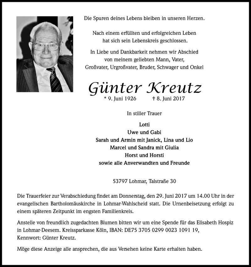  Traueranzeige für Günter Kreutz vom 24.06.2017 aus Kölner Stadt-Anzeiger / Kölnische Rundschau / Express