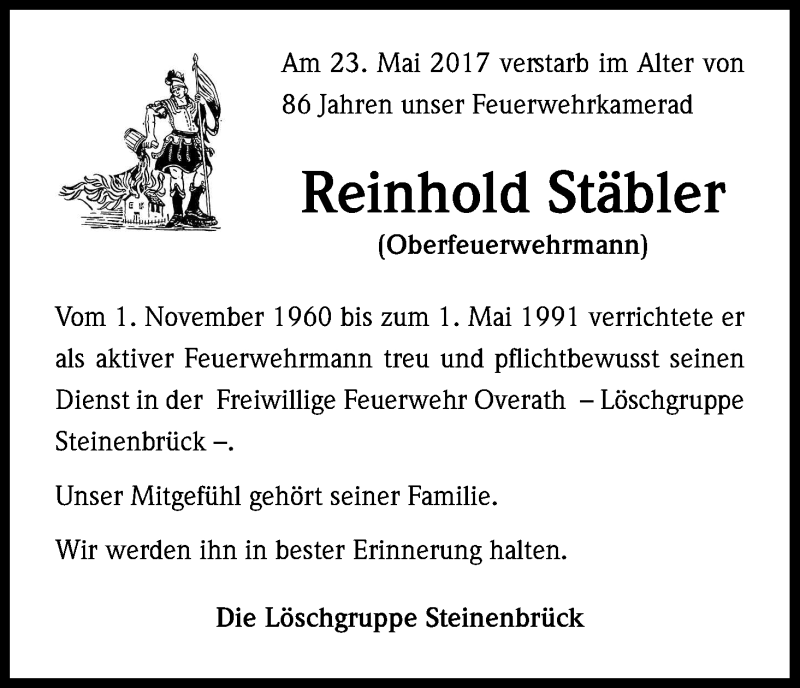  Traueranzeige für Reinhold Stäbler vom 12.06.2017 aus Kölner Stadt-Anzeiger / Kölnische Rundschau / Express