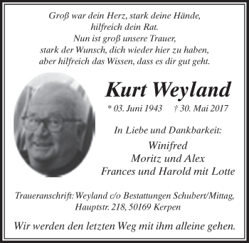Anzeige von Kurt Weyland von  Sonntags-Post 