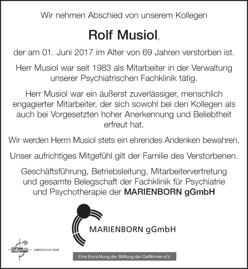  Traueranzeige für Rolf Musiol vom 24.06.2017 aus  Blickpunkt Euskirchen 