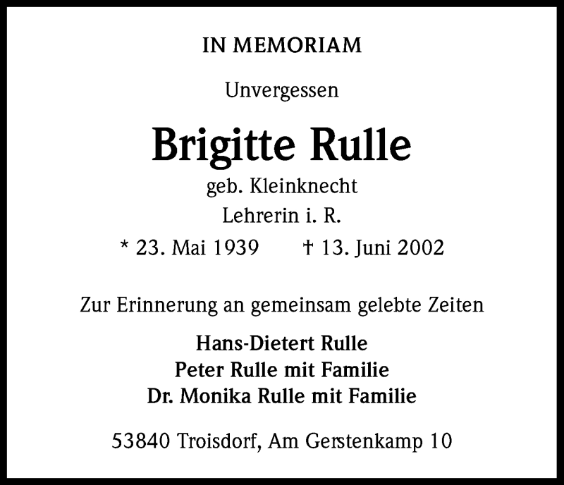  Traueranzeige für Brigitte Rulle vom 13.06.2017 aus Kölner Stadt-Anzeiger / Kölnische Rundschau / Express