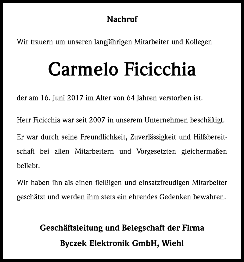  Traueranzeige für Carmelo Ficicchia vom 23.06.2017 aus Kölner Stadt-Anzeiger / Kölnische Rundschau / Express