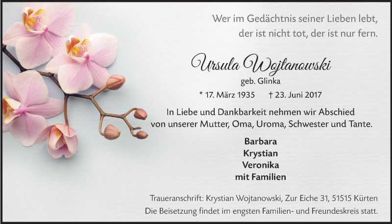  Traueranzeige für Ursula Wojtanowski vom 28.06.2017 aus  Bergisches Handelsblatt 