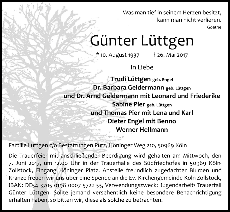  Traueranzeige für Günter Lüttgen vom 03.06.2017 aus Kölner Stadt-Anzeiger / Kölnische Rundschau / Express