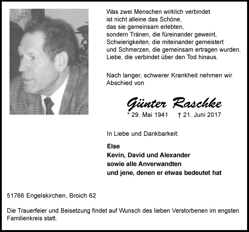  Traueranzeige für Günter Raschke vom 28.06.2017 aus  Anzeigen Echo 