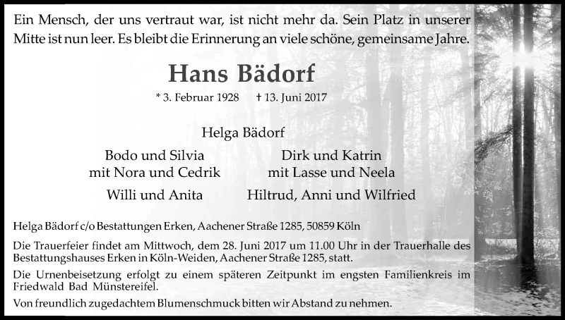  Traueranzeige für Hans Bädorf vom 24.06.2017 aus Kölner Stadt-Anzeiger / Kölnische Rundschau / Express