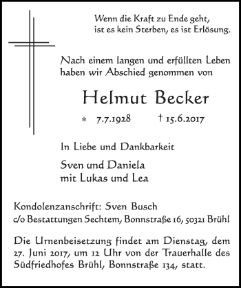 Anzeige von Helmut Becker von  Schlossbote/Werbekurier 