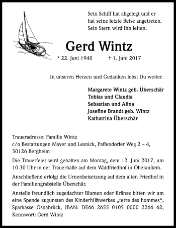 Anzeige von Gerd Wintz von Kölner Stadt-Anzeiger / Kölnische Rundschau / Express