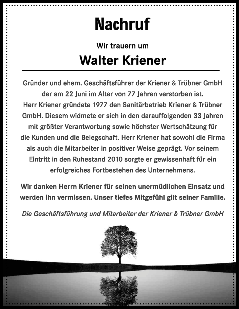  Traueranzeige für Walter Kriener vom 01.07.2017 aus Kölner Stadt-Anzeiger / Kölnische Rundschau / Express