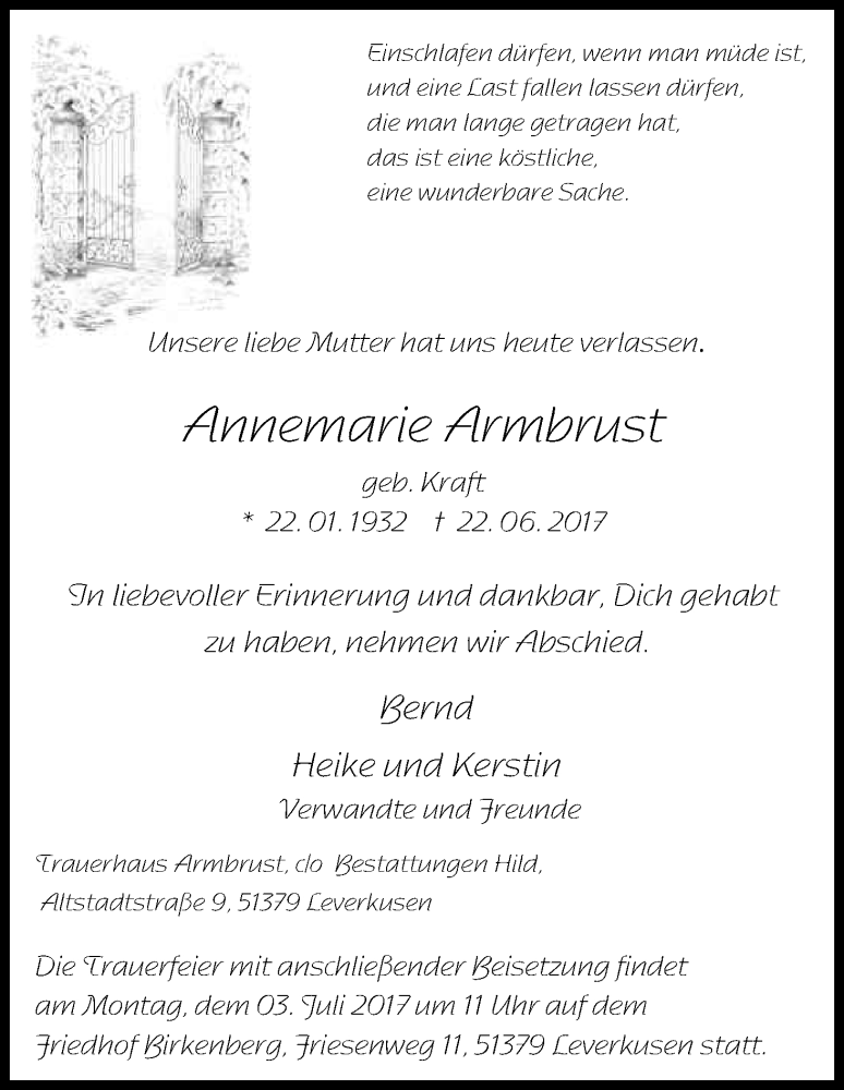  Traueranzeige für Annemarie Armbrust vom 29.06.2017 aus Kölner Stadt-Anzeiger / Kölnische Rundschau / Express