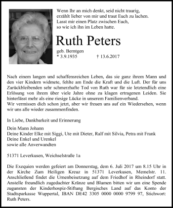 Anzeige von Ruth Peters von Kölner Stadt-Anzeiger / Kölnische Rundschau / Express