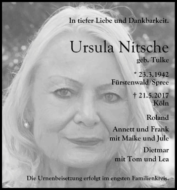 Anzeige von Ursula Nitsche von Kölner Stadt-Anzeiger / Kölnische Rundschau / Express