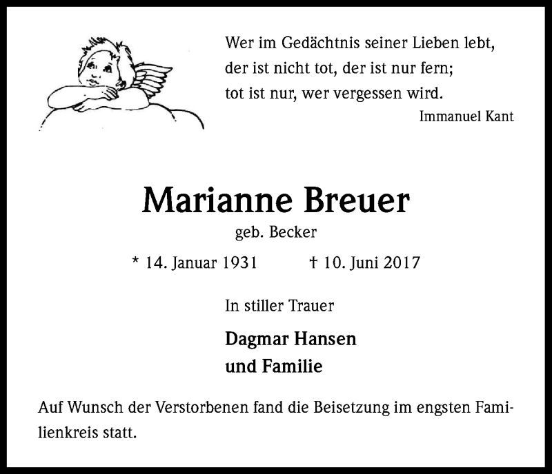  Traueranzeige für Marianne Breuer vom 01.07.2017 aus Kölner Stadt-Anzeiger / Kölnische Rundschau / Express