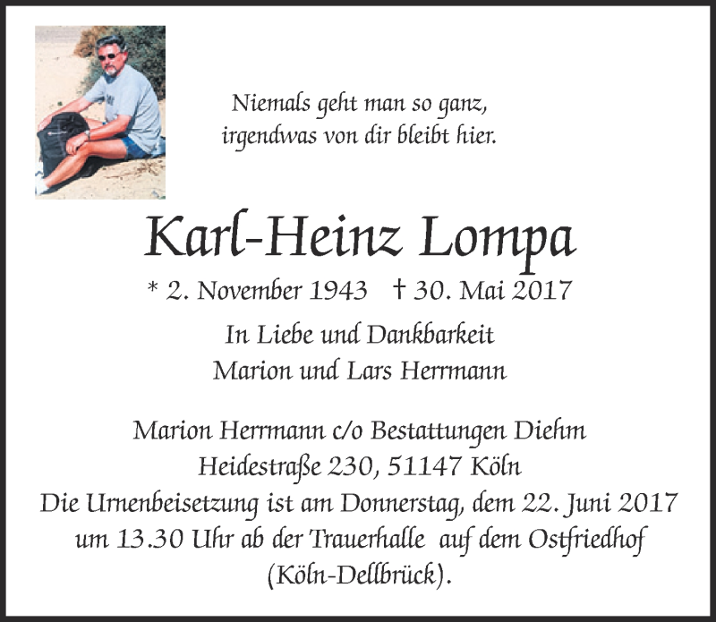  Traueranzeige für Karl-Heinz Lompa vom 14.06.2017 aus  Kölner Wochenspiegel 