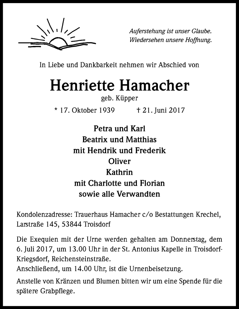  Traueranzeige für Henriette Hamacher vom 01.07.2017 aus Kölner Stadt-Anzeiger / Kölnische Rundschau / Express