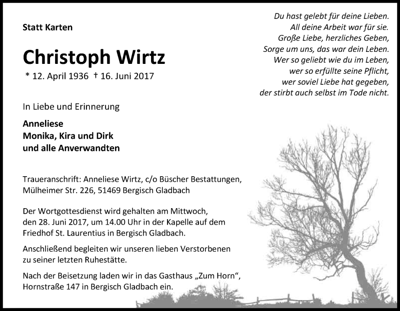  Traueranzeige für Christoph Wirtz vom 24.06.2017 aus Kölner Stadt-Anzeiger / Kölnische Rundschau / Express