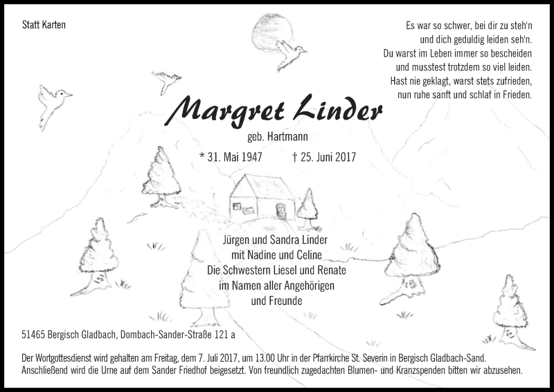  Traueranzeige für Margret Lindner vom 01.07.2017 aus Kölner Stadt-Anzeiger / Kölnische Rundschau / Express