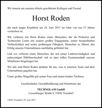 Anzeige von Horst Roden von Kölner Stadt-Anzeiger / Kölnische Rundschau / Express
