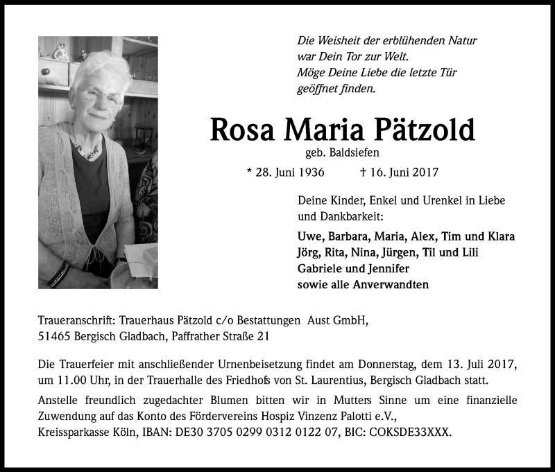 Traueranzeige für Rosa Maria Pätzold vom 01.07.2017 aus Kölner Stadt-Anzeiger / Kölnische Rundschau / Express