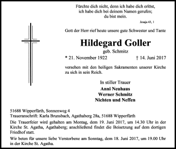 Anzeige von Hildegard Goller von Kölner Stadt-Anzeiger / Kölnische Rundschau / Express