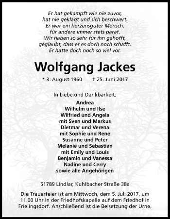 Anzeige von Wolfgang Jackes von Kölner Stadt-Anzeiger / Kölnische Rundschau / Express