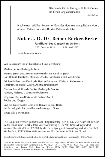 Anzeige von Reiner  Becker-Berke von Kölner Stadt-Anzeiger / Kölnische Rundschau / Express