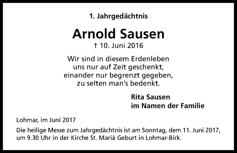  Traueranzeige für Arnold Sausen vom 09.06.2017 aus Kölner Stadt-Anzeiger / Kölnische Rundschau / Express