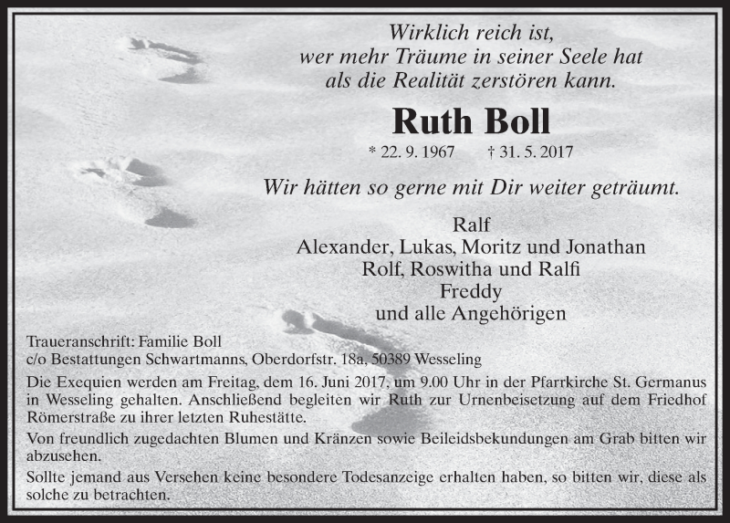  Traueranzeige für Ruth Boll vom 14.06.2017 aus  Schlossbote/Werbekurier 