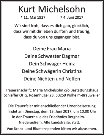 Anzeige von Kurt Michelsohn von  Sonntags-Post 