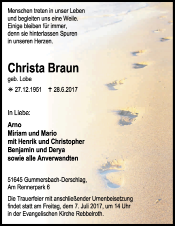 Anzeige von Christa Braun von Kölner Stadt-Anzeiger / Kölnische Rundschau / Express