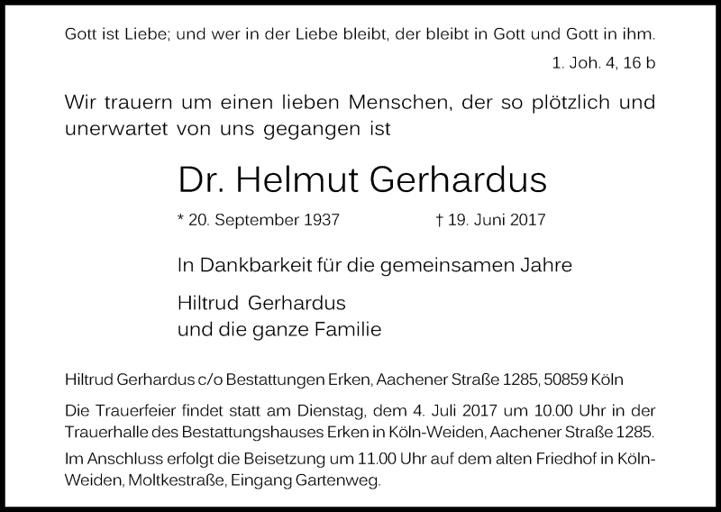 Traueranzeige für Helmut Gerhardus vom 01.07.2017 aus Kölner Stadt-Anzeiger / Kölnische Rundschau / Express