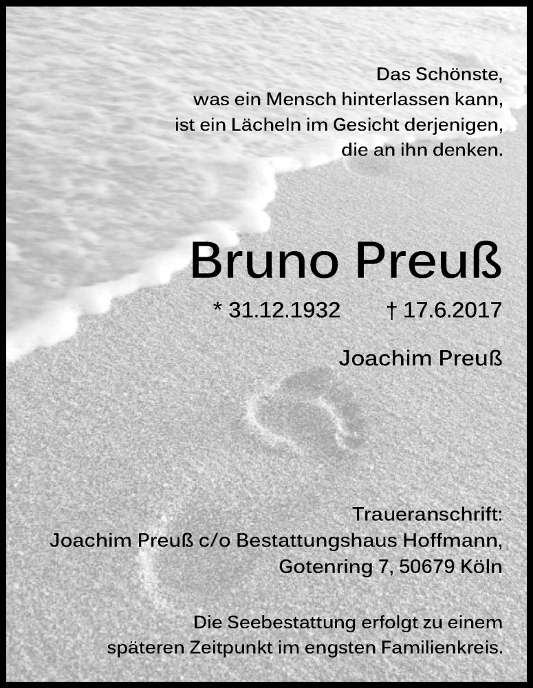  Traueranzeige für Bruno Preuß vom 24.06.2017 aus Kölner Stadt-Anzeiger / Kölnische Rundschau / Express