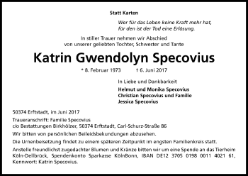 Anzeige von Katrin Gwendolyn Specovius von Kölner Stadt-Anzeiger / Kölnische Rundschau / Express