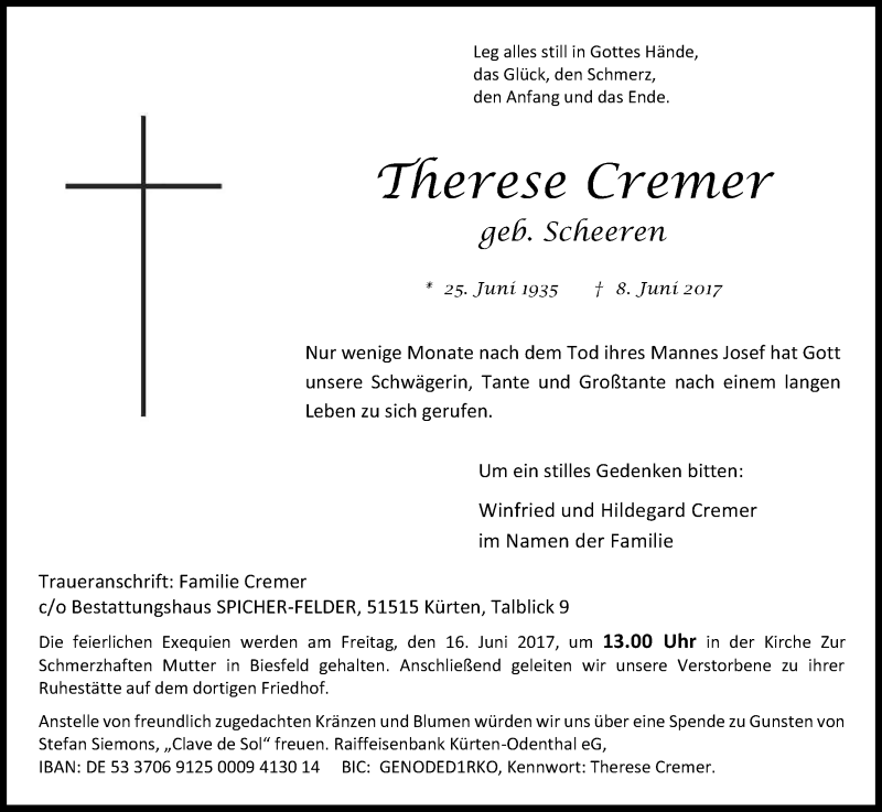  Traueranzeige für Therese Cremer vom 14.06.2017 aus Kölner Stadt-Anzeiger / Kölnische Rundschau / Express