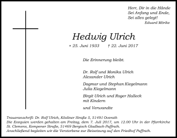 Anzeige von Hedwig Ulrich von Kölner Stadt-Anzeiger / Kölnische Rundschau / Express