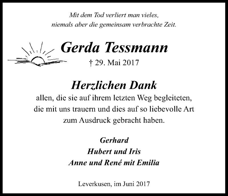  Traueranzeige für Gerda Tessmann vom 30.06.2017 aus Kölner Stadt-Anzeiger / Kölnische Rundschau / Express