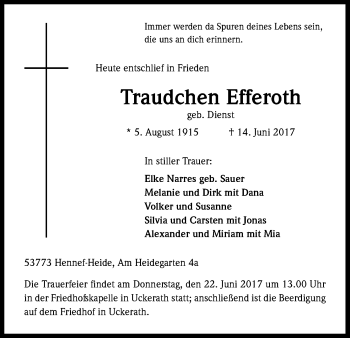 Anzeige von Traudchen Efferoth von Kölner Stadt-Anzeiger / Kölnische Rundschau / Express