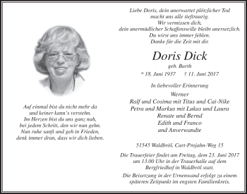Anzeige von Doris Dick von  Lokalanzeiger 