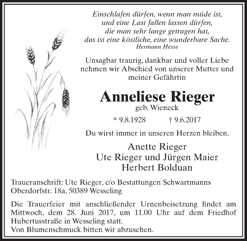  Traueranzeige für Anneliese Rieger vom 21.06.2017 aus  Schlossbote/Werbekurier 