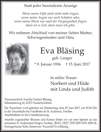 Anzeige von Eva Bläsing von  Sonntags-Post 