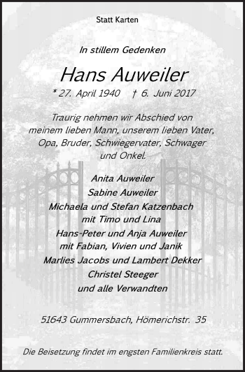 Anzeige von Hans Auweiler von  Anzeigen Echo 