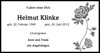 Anzeige von Helmut Klinke von Kölner Stadt-Anzeiger / Kölnische Rundschau / Express